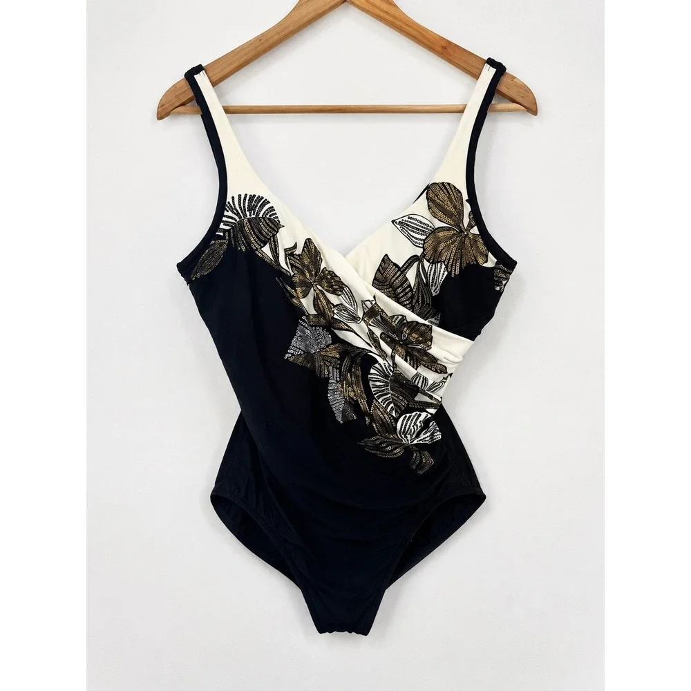 Miraclesuit One Piece Swimsuit Womens 16 Black Gold Floral Sequin It's A Wrap EX